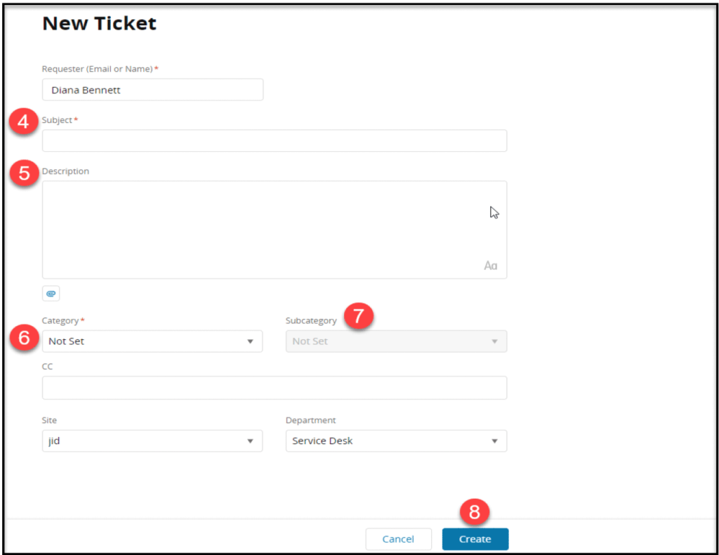 Screenshot of the "New Ticket" form, showing the location of the fields.